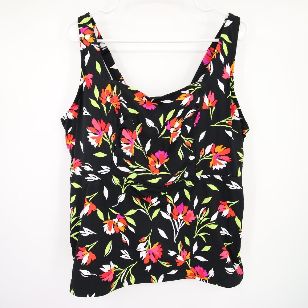 Lands End Black Floral Pink Scoop Neck Tankini Swim Top Size 20W G